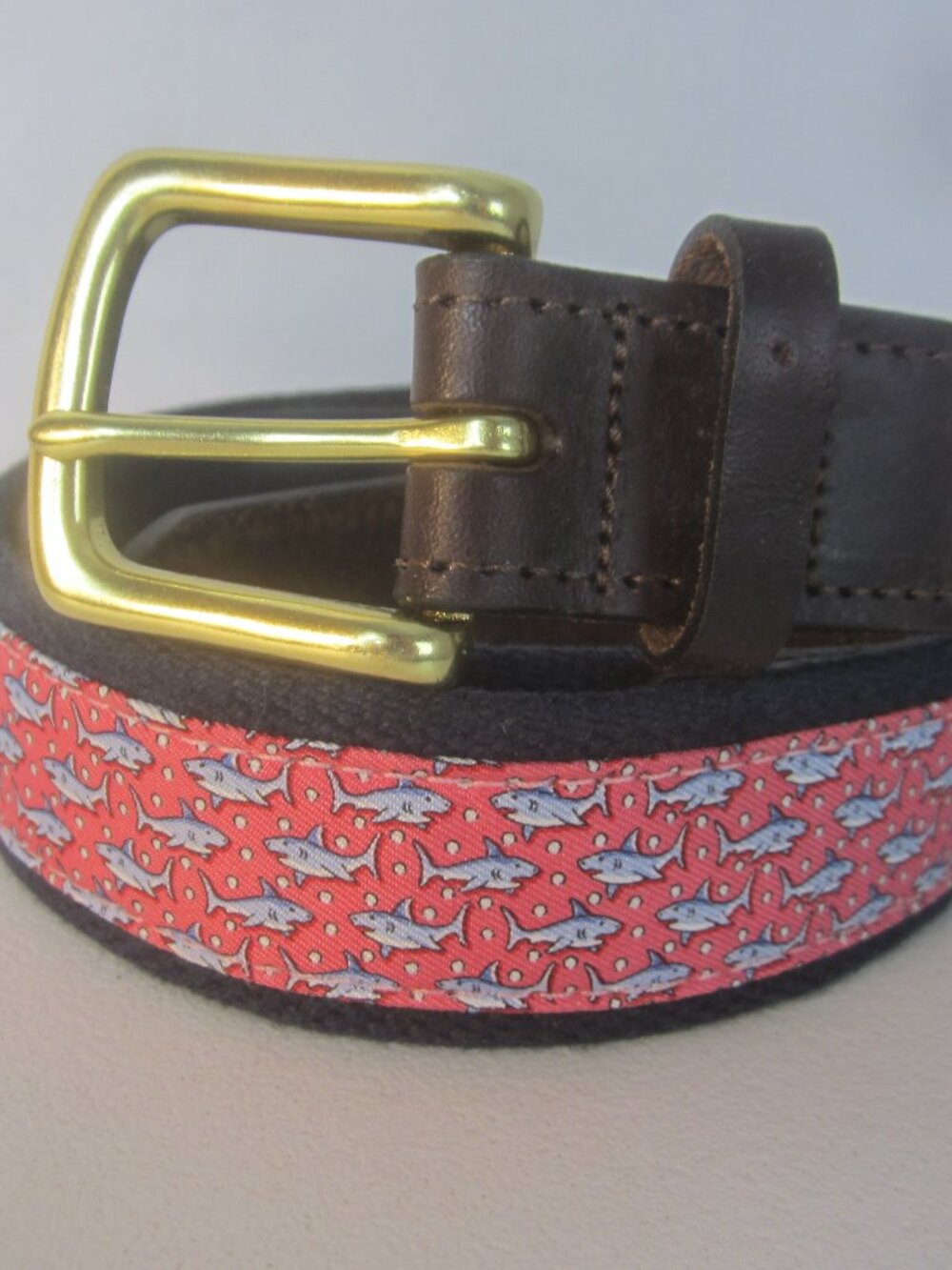 Vineyard Vines Belt 36 Navy Pink Brown Leather Shark Belt  Brass Bu 34 - 38